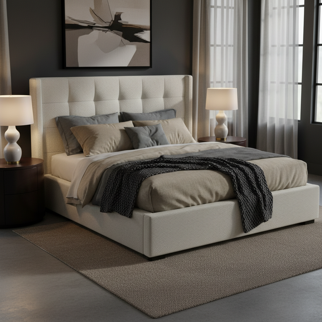 Curved winged headboard close-up