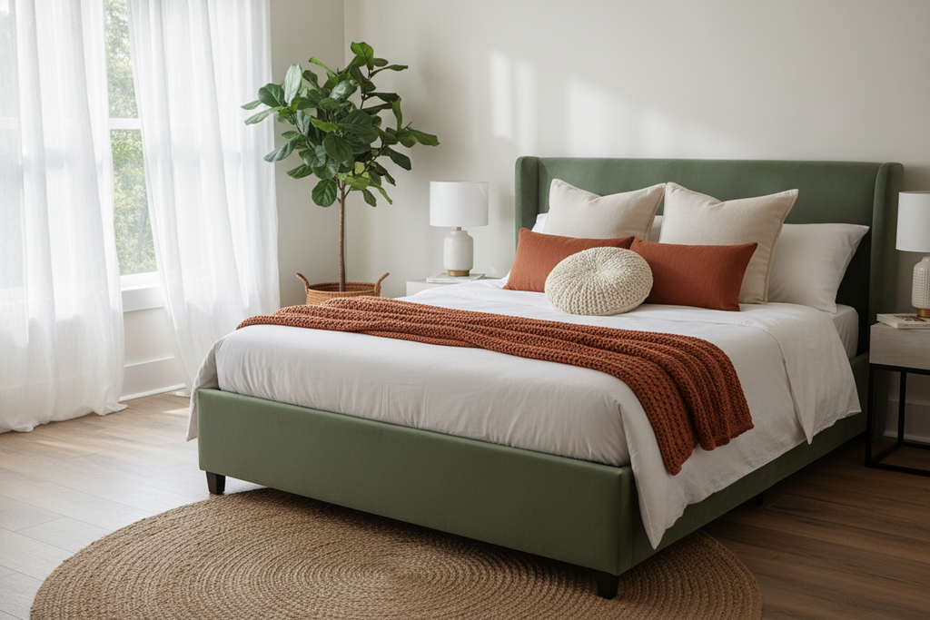 Sage velvet ottoman bed lifestyle, styled with cream and terracotta cushions