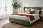 Sage velvet ottoman bed lifestyle, styled with cream and terracotta cushions