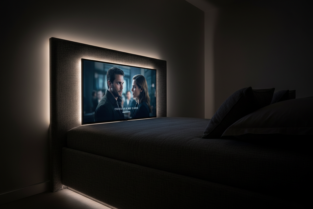Grey TV bed with TV screen raised and LED halo glowing in dark bedroom