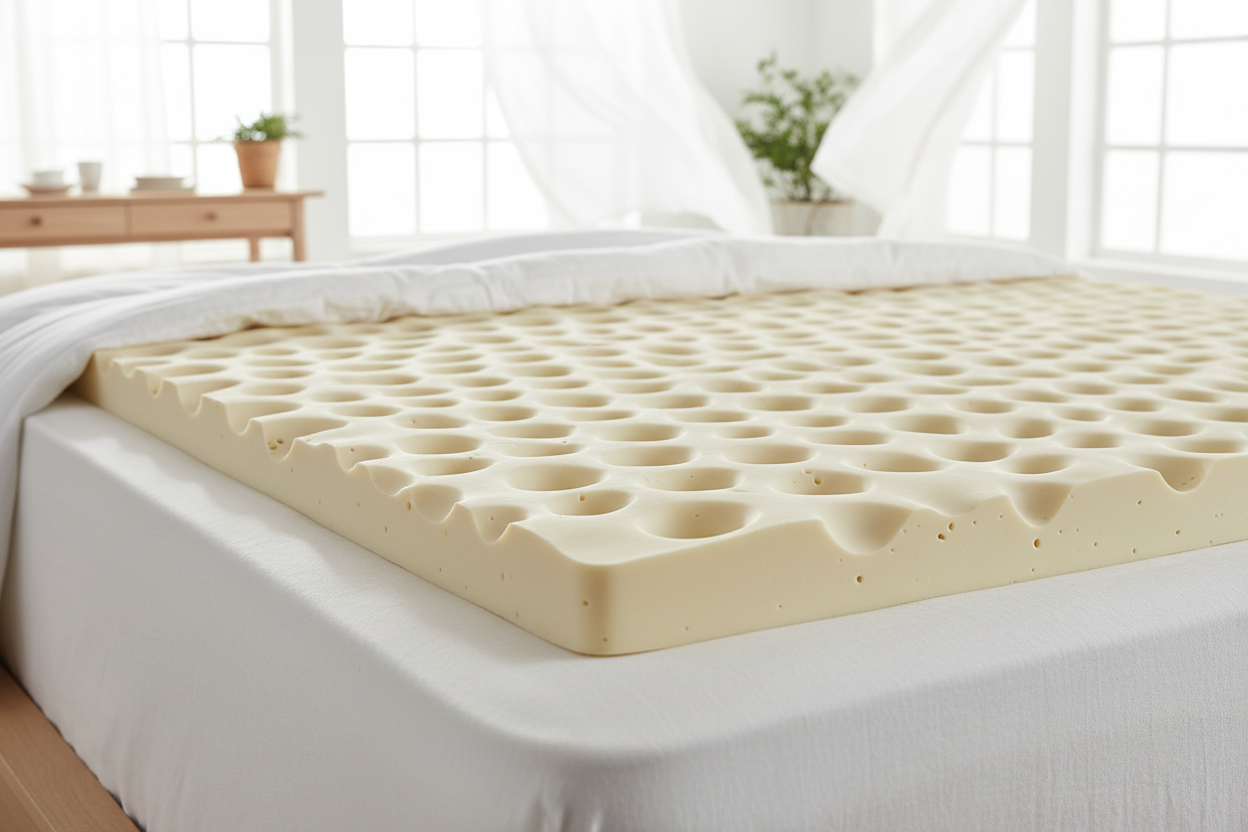 Natural latex mattress topper on a bed with white linen