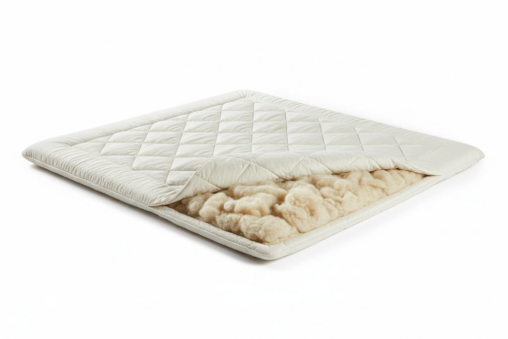 Wool mattress topper flat lay showing fluffy wool filling