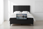 Novera Charcoal Chenille TV Bed, front view, TV rising from footboard, vertical channel stitching headboard