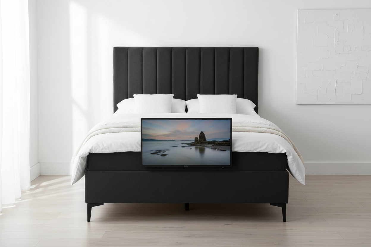 Novera Charcoal Chenille TV Bed, front view, TV rising from footboard, vertical channel stitching headboard