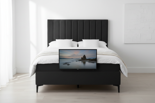Novera Charcoal Chenille TV Bed, front view, TV rising from footboard, vertical channel stitching headboard