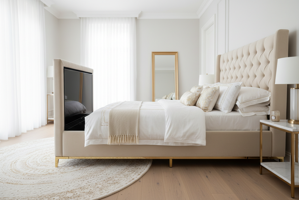 Cream velvet TV bed footboard TV lift mechanism, white and gold bedding