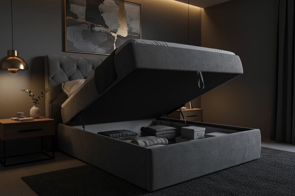 Novera Boucle Ottoman Bed in charcoal with deep buttoned headboard, moody bedroom