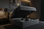 Novera Boucle Ottoman Bed in charcoal with deep buttoned headboard, moody bedroom