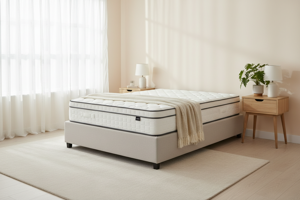 Novera Premium Hybrid Mattress styled on a simple bed base in a bright bedroom