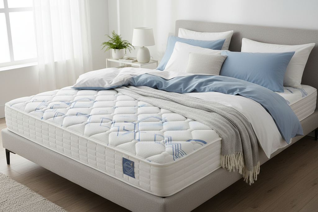 Mattress styled in fresh modern bedroom