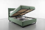 Sage velvet ottoman bed gas-lift base open showing under-bed storage