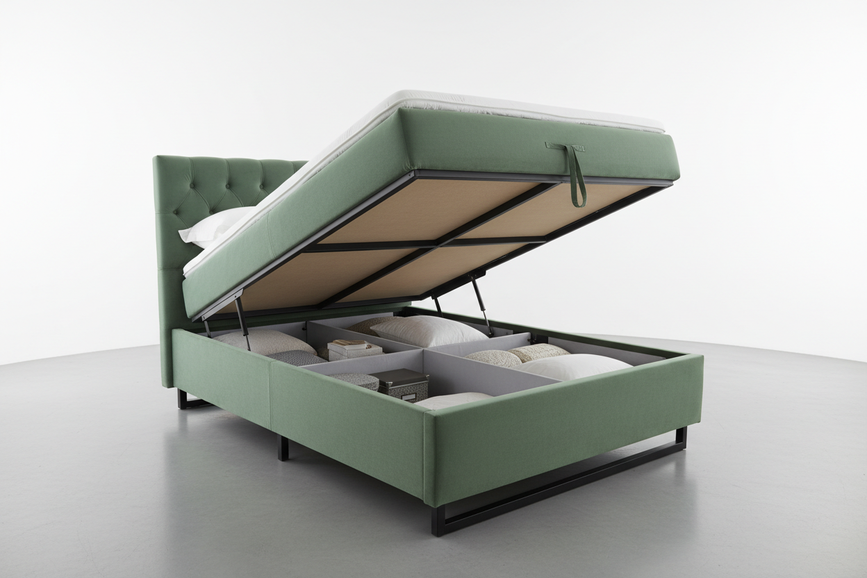 Sage velvet ottoman bed gas-lift base open showing under-bed storage