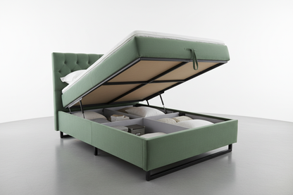 Sage velvet ottoman bed gas-lift base open showing under-bed storage