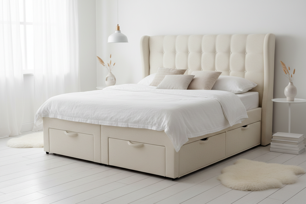Novera Cream Wingback Divan Bed with tall headboard and drawer storage, white bedroom