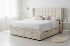 Novera Cream Wingback Divan Bed with tall headboard and drawer storage, white bedroom