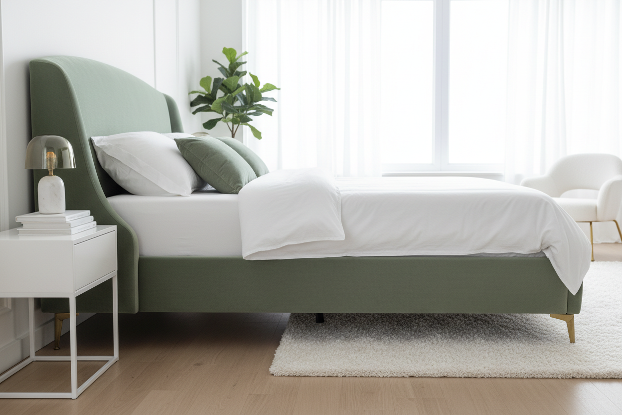 Sage velvet ottoman bed side angle showing curved headboard and brass legs