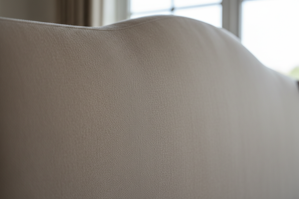 Close-up of mink beige fabric texture on curved divan bed headboard