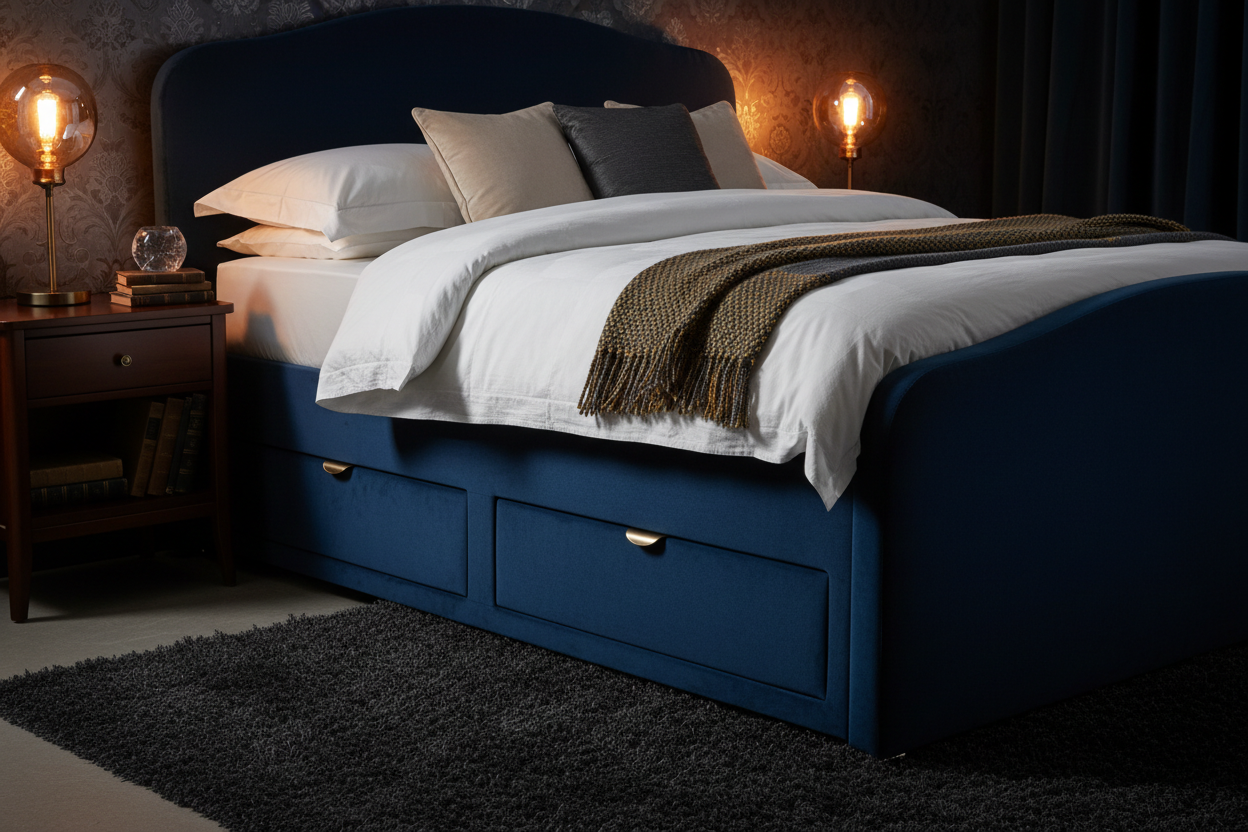 Navy velvet divan bed side angle showing four drawer storage base