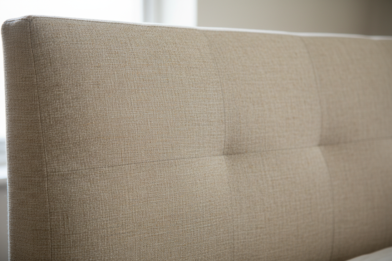 Close-up of oatmeal linen fabric texture on ottoman bed headboard