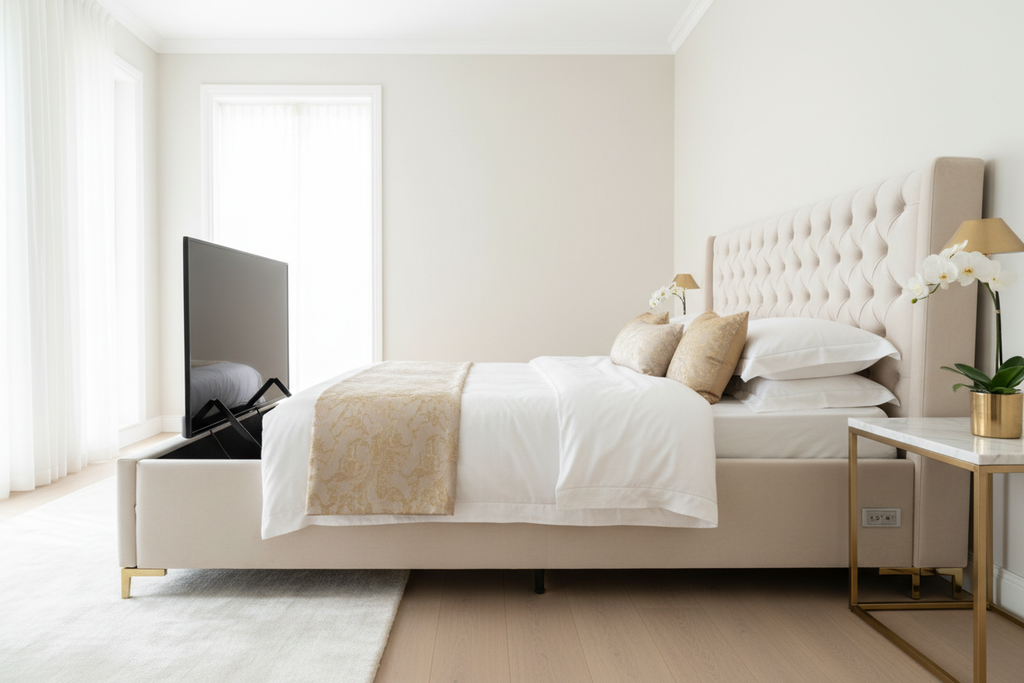 Novera Cream Velvet TV Bed with motorised TV rising from footboard, bright luxury bedroom