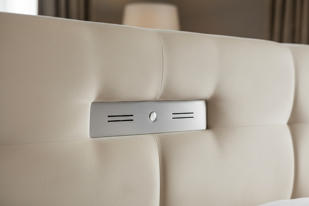 Close-up of cream velvet fabric and pop-up TV mechanism on headboard