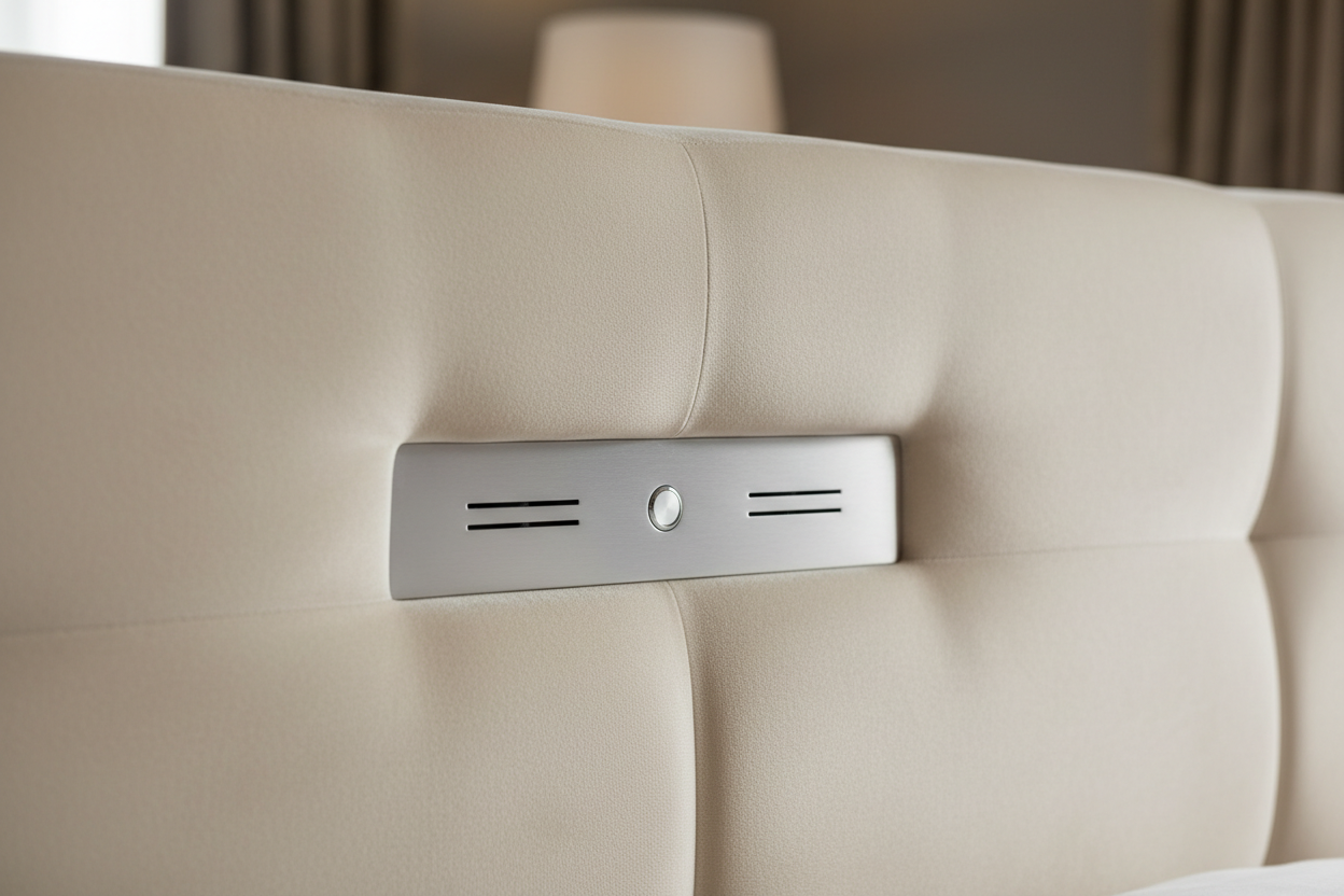 Close-up of cream velvet fabric and pop-up TV mechanism on headboard