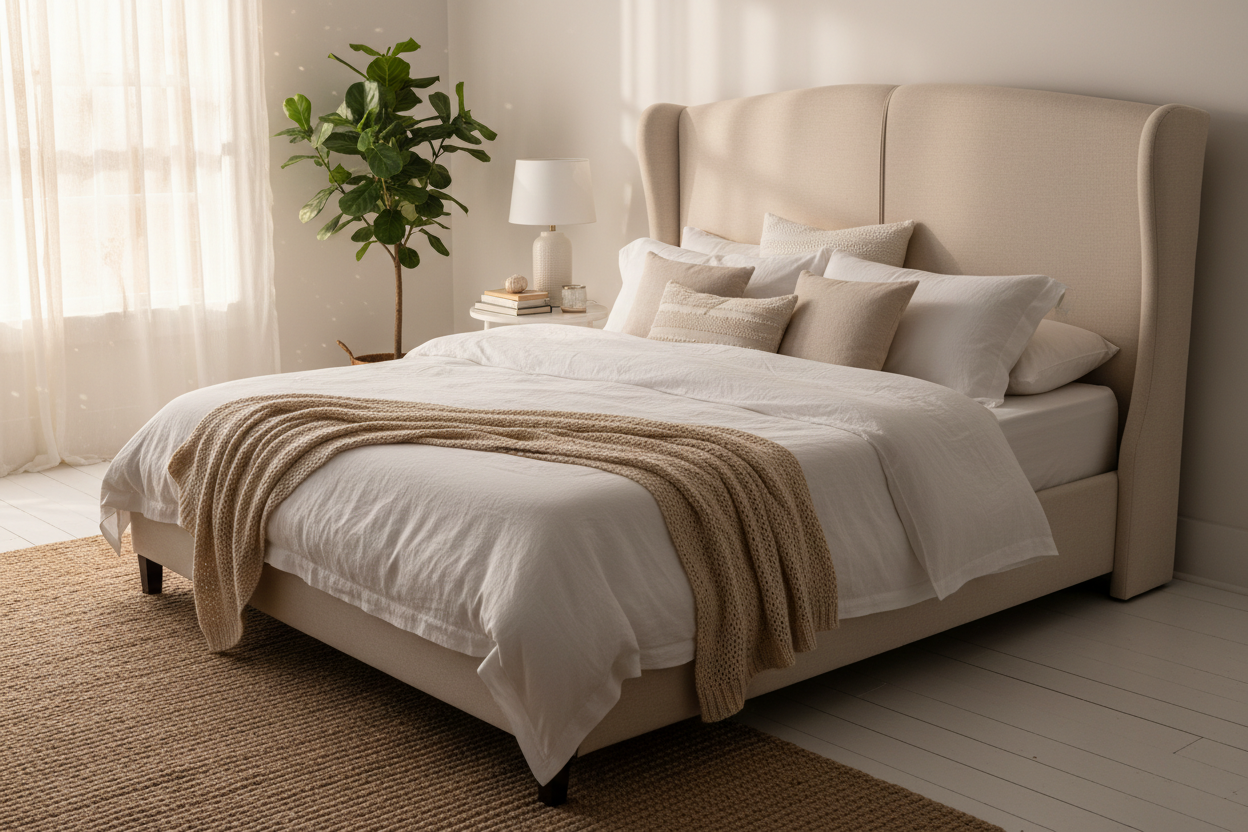 Cream wingback divan bed styled with white linen and soft cushions, bright bedroom
