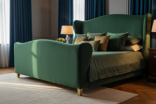 Curved winged headboard close-up