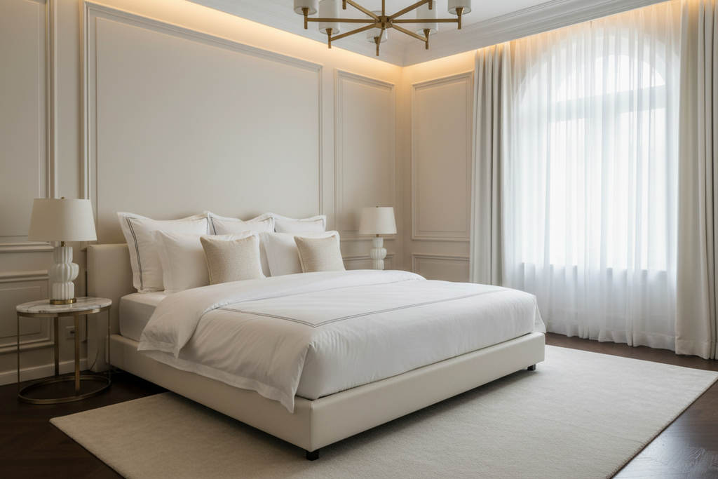 Mattress styled in luxury hotel-style bedroom