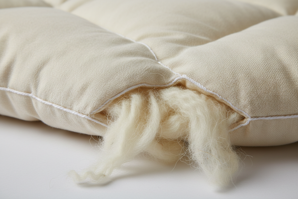 Wool topper close-up showing natural wool fibres and quilted stitching