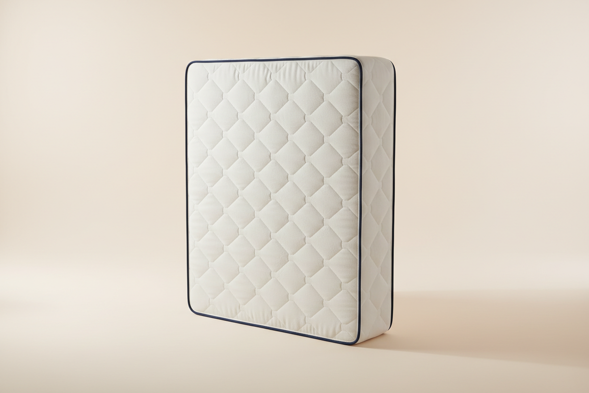 Novera Firm Support Orthopaedic Mattress with a quilted white cover and navy piping on a warm white studio background