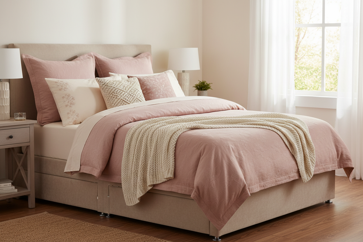 Mink divan bed lifestyle, styled with blush and cream bedding, bright neutral bedroom