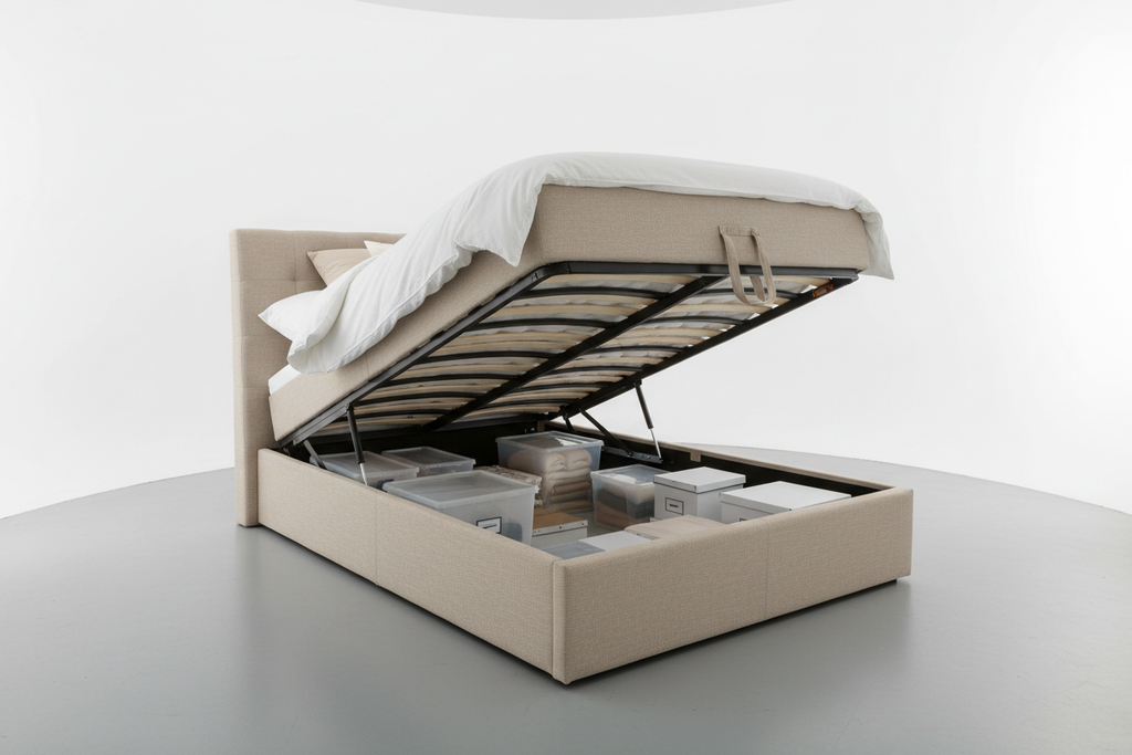 Linen ottoman bed gas-lift base open revealing under-bed storage