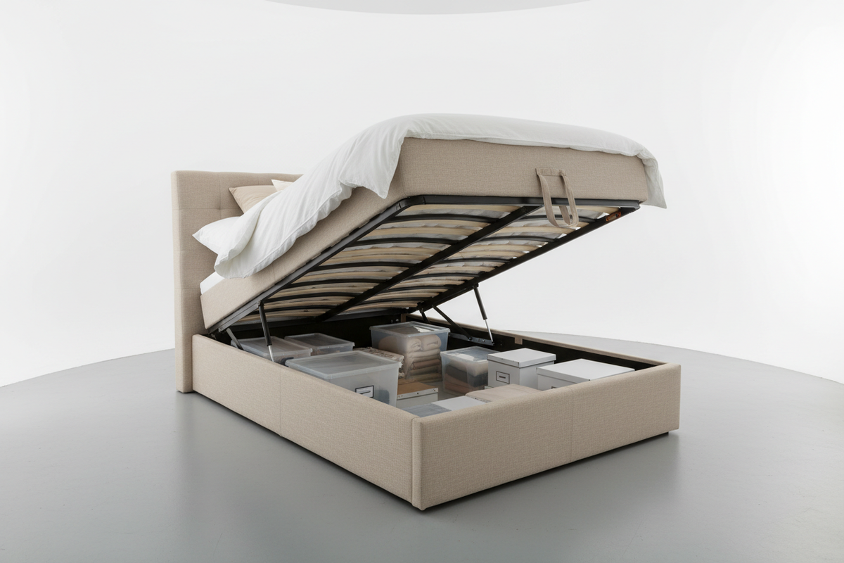 Linen ottoman bed gas-lift base open revealing under-bed storage