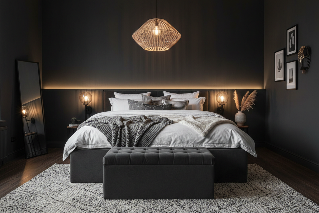 Boucle ottoman bed lifestyle, styled with white and grey bedding, dark moody bedroom