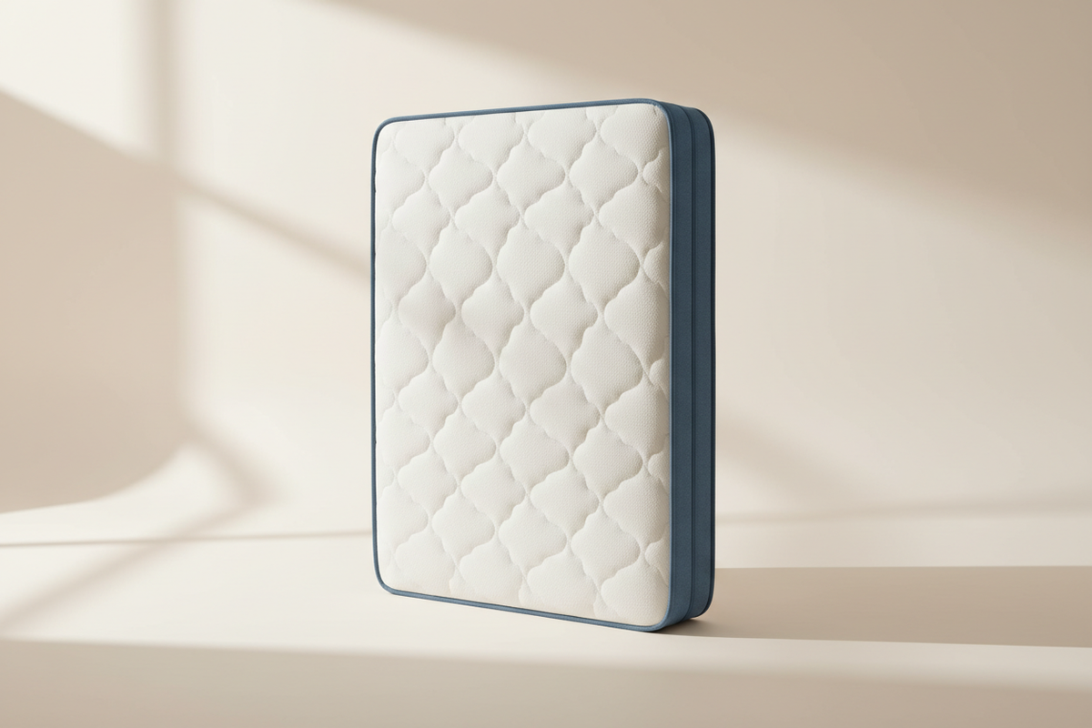 Novera Comfort Hybrid Mattress with a quilted white cover and slate-blue edge on a warm white studio background