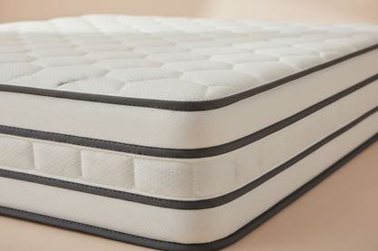 Close-up of the quilted cover and charcoal piping on the Novera Premium Hybrid Mattress