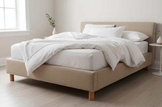 Linen ottoman bed side angle showing wooden legs and upholstered frame