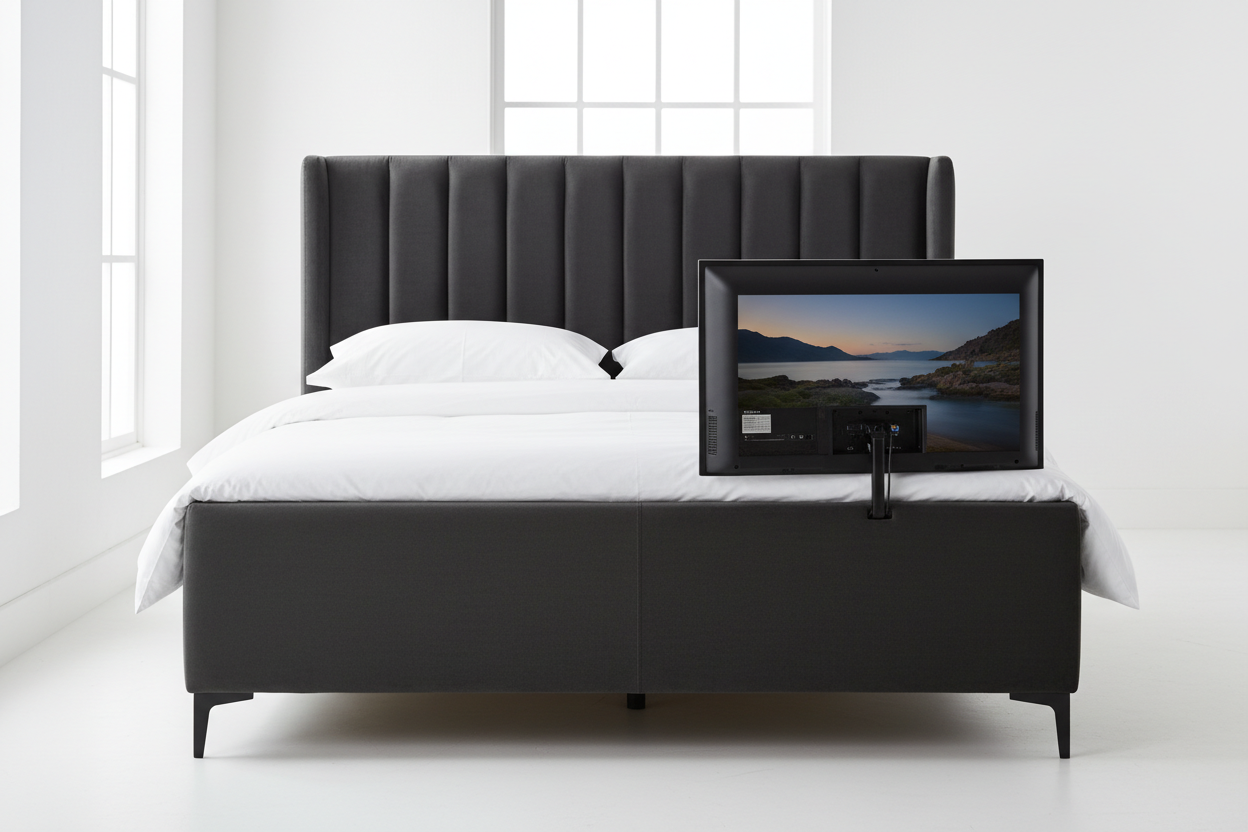 Charcoal chenille TV bed view from foot end looking toward headboard with TV screen raised
