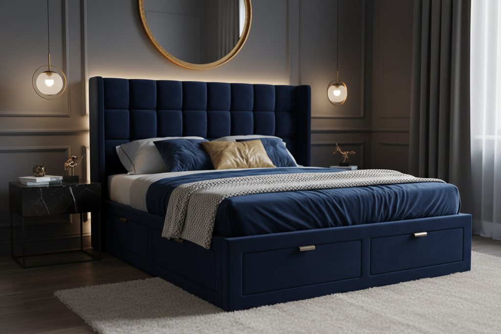 Novera Navy Velvet Divan Bed with panel headboard and four drawer storage, dark bedroom
