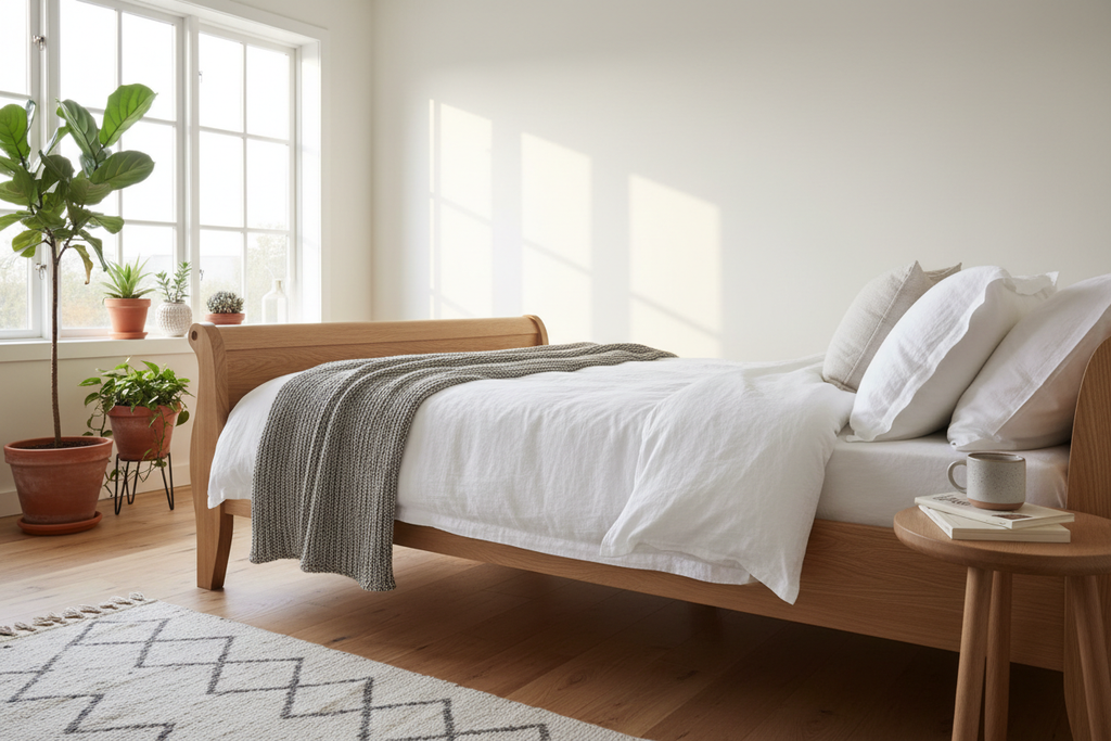 Side angle view in Scandinavian bedroom