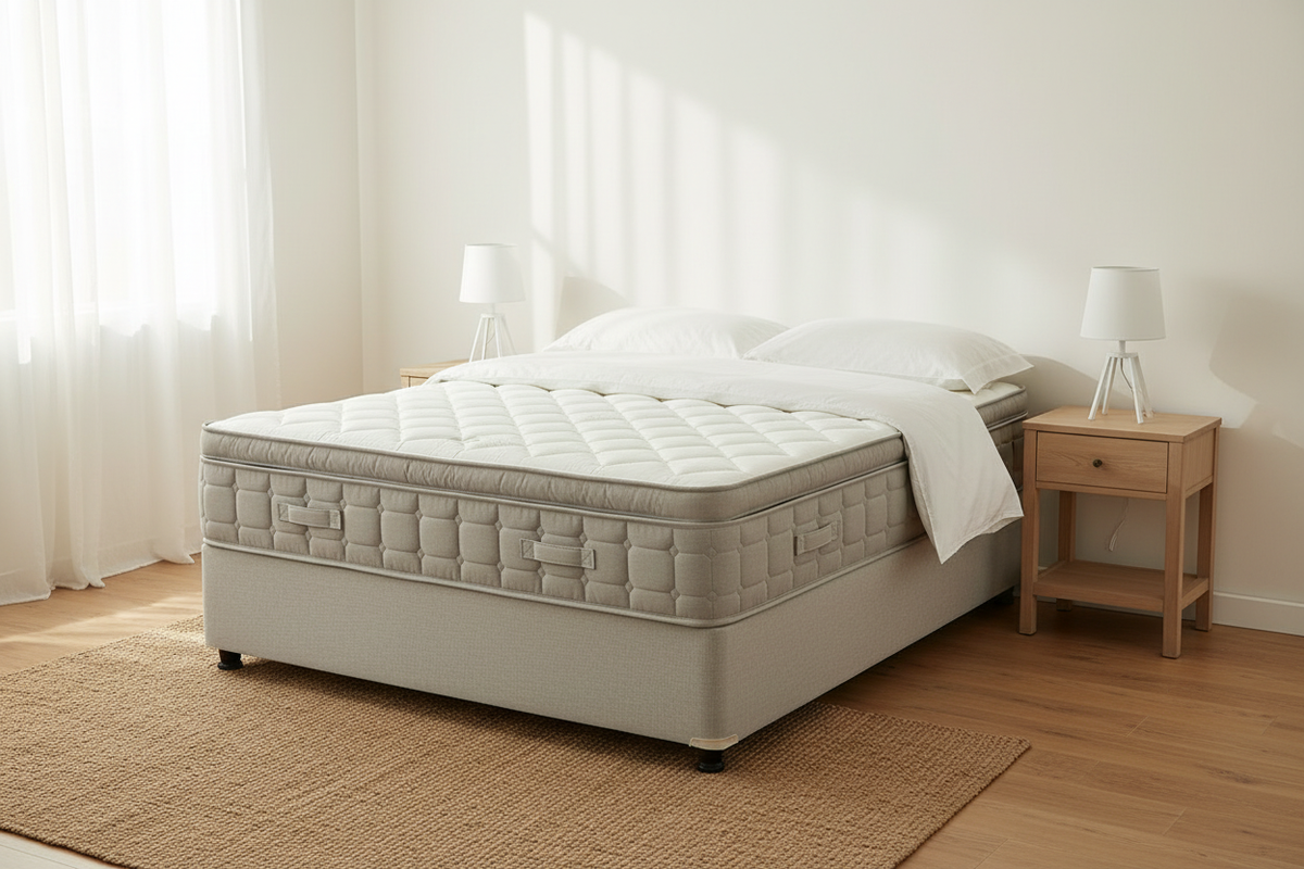 Novera Essential Pocket Sprung Mattress styled on a simple bed base in a bright bedroom