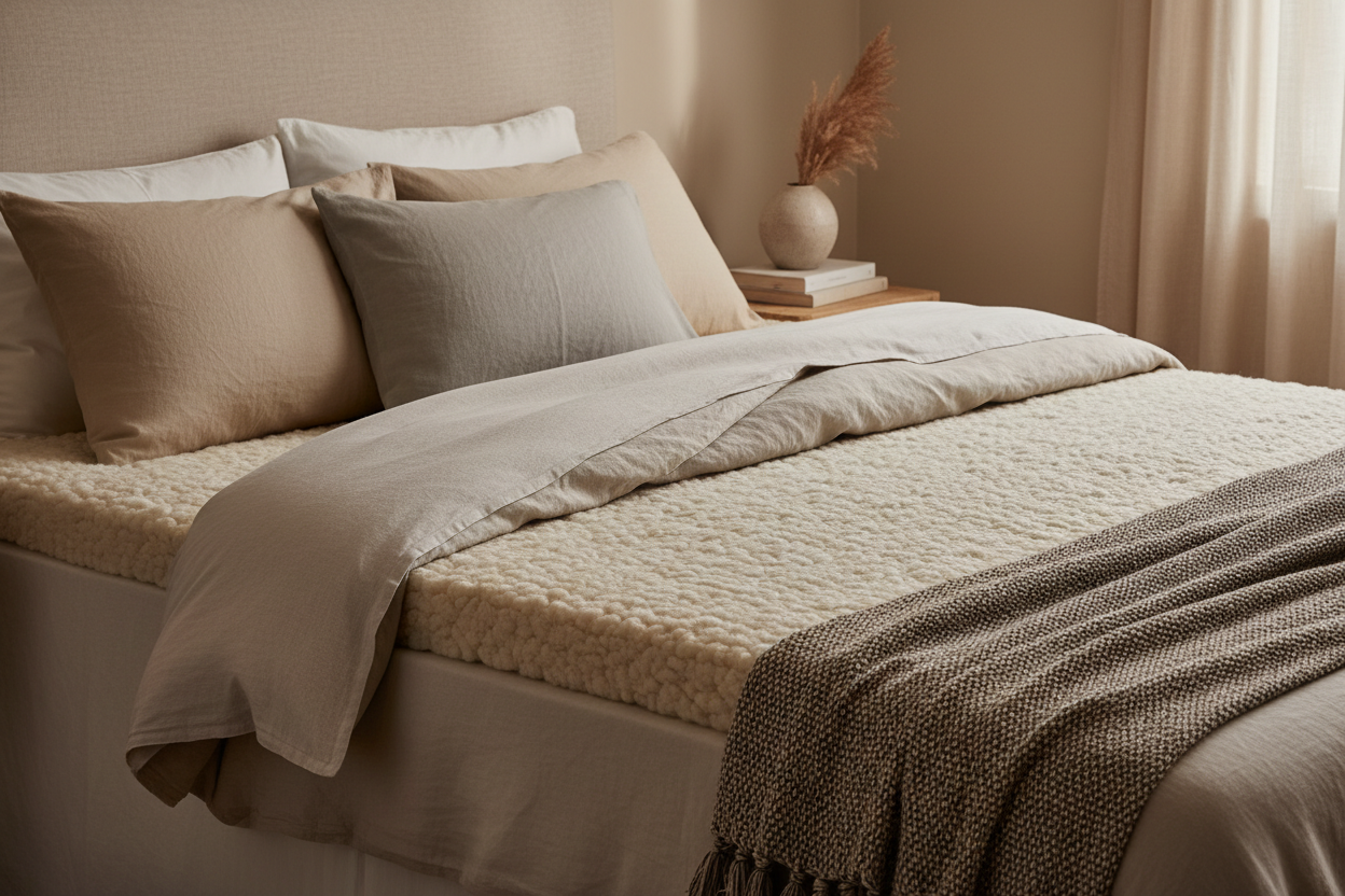 Wool mattress topper on a cosy bed in a warm ambient bedroom
