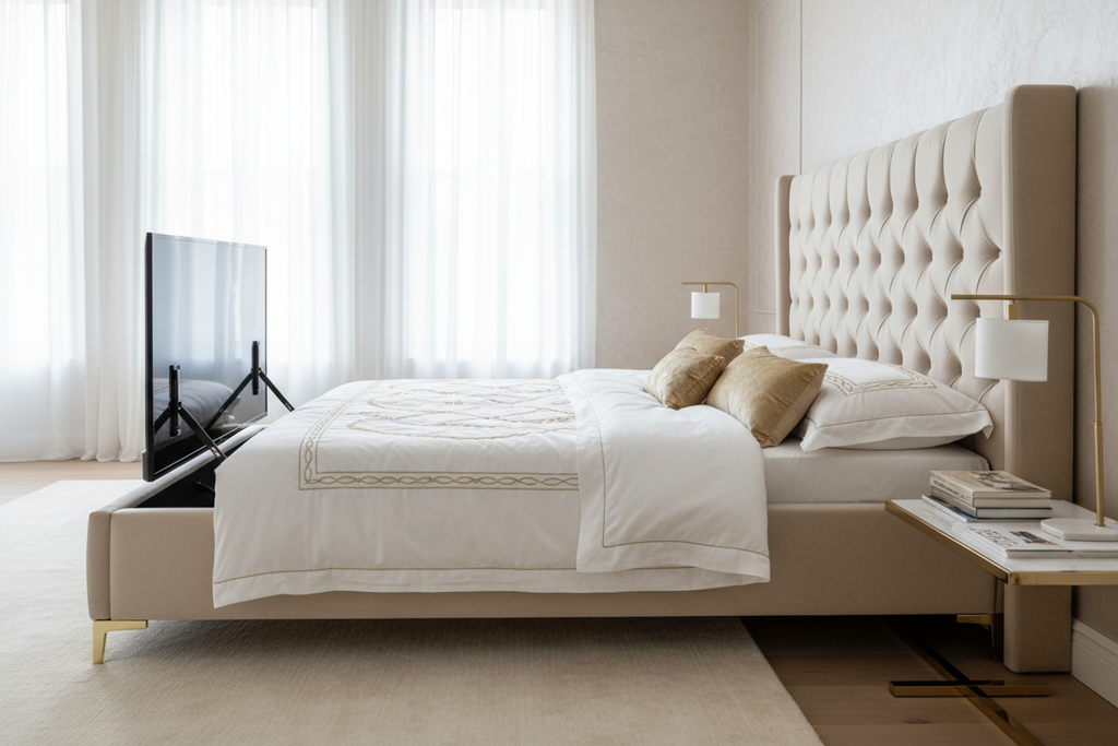 Cream velvet TV bed with TV rising from foot end, bright airy bedroom