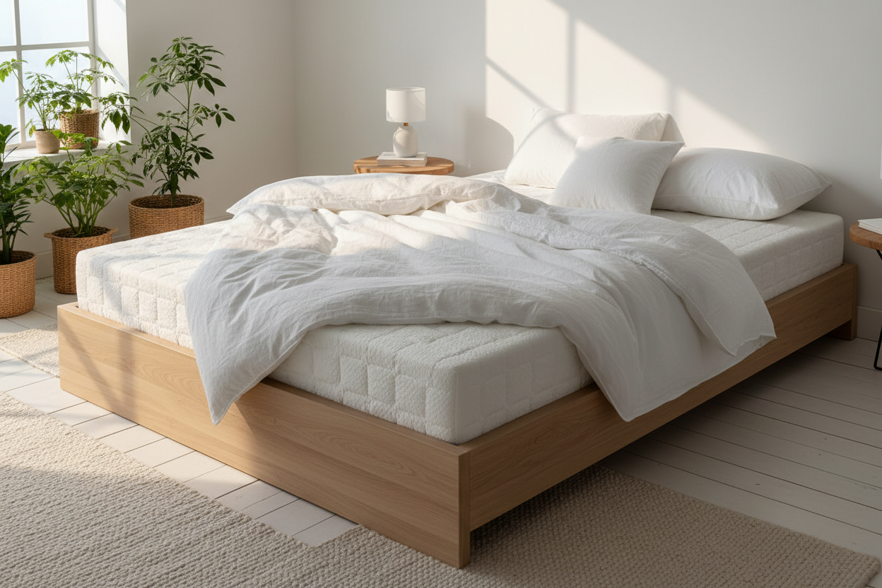 Mattress styled in natural Scandinavian bedroom