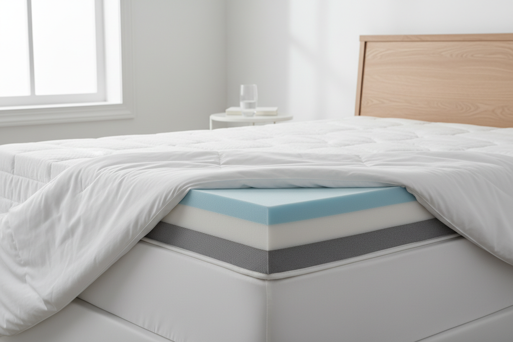Memory foam mattress topper on a white bed in a minimal bedroom