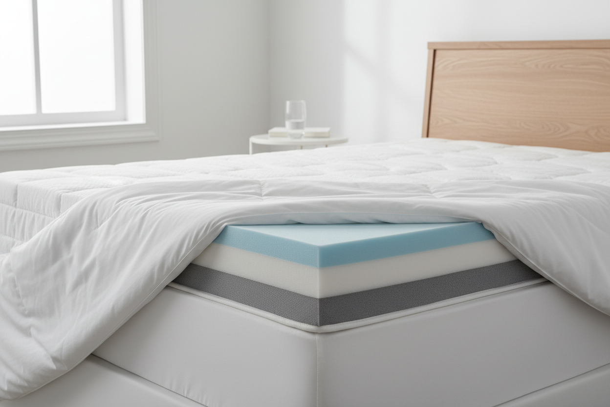 Memory foam mattress topper on a white bed in a minimal bedroom
