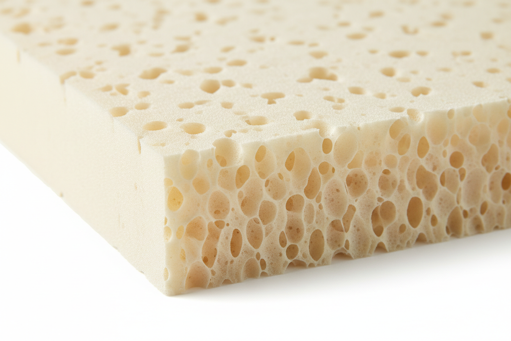 Memory foam topper cross-section showing open-cell foam structure