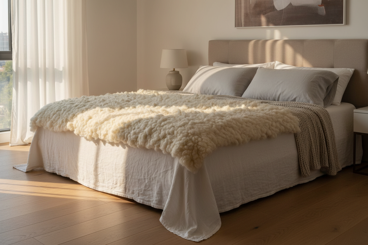 Wool mattress topper draped over a bed in a warm neutral bedroom