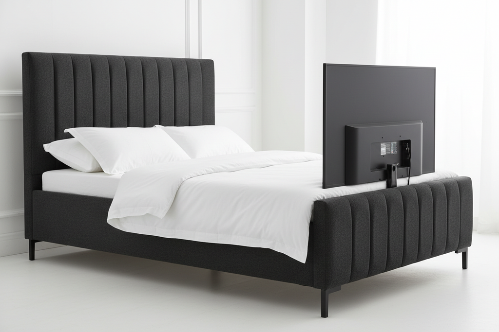 Charcoal chenille TV bed 45-degree side angle showing full bed length and TV raised